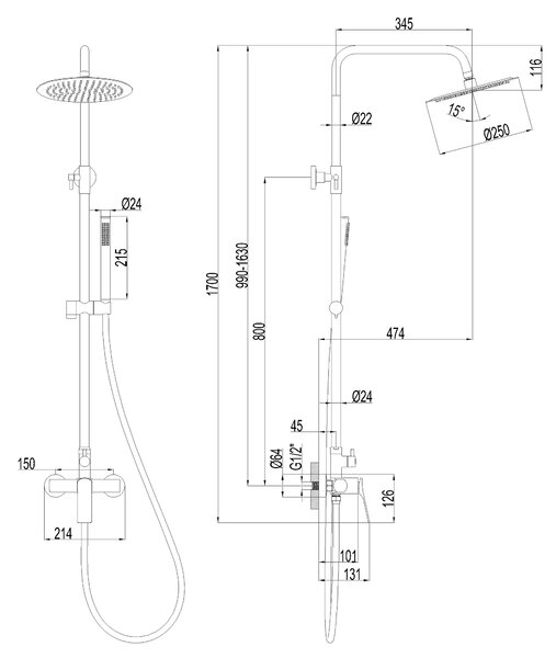 Invena Neri, baterie de dus cu coloana de dus cu cap superior si manual, cupru, INV-AU-P9-B14-L