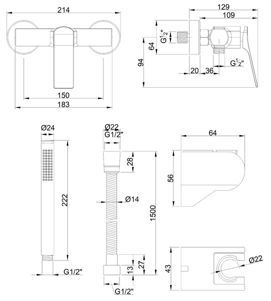 Invena Neri, baterie de dus cu set de dus de mana, cupru mat, INV-BN-P1-014-L