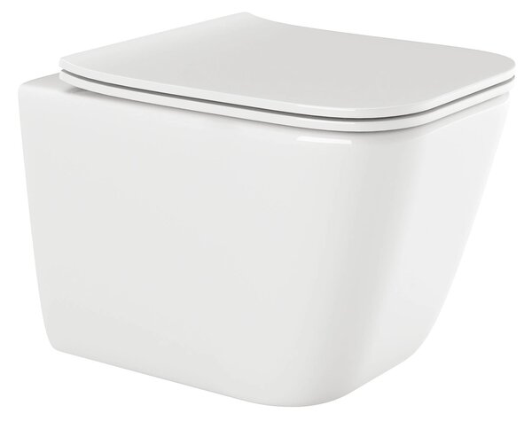 Invena Paros, vas WC suspendat Rimless 465x350x360 mm + scaun toaleta SLIM cu inchidere lenta, alb lucios, INV-CE-90-001-W
