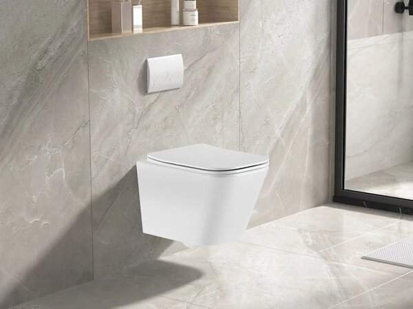 Invena Paros, vas WC suspendat Rimless 465x350x360 mm + scaun toaleta SLIM cu inchidere lenta, alb lucios, INV-CE-90-001-W