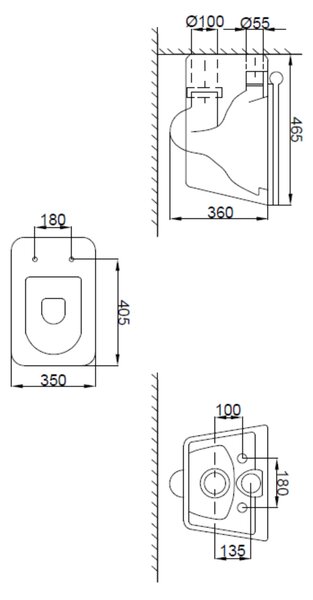 Invena Paros, vas WC suspendat Rimless 465x350x360 mm + scaun toaleta SLIM cu inchidere lenta, alb lucios, INV-CE-90-001-W