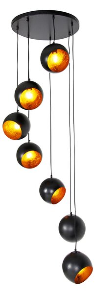 Lampă suspendată neagră cu interior auriu 7 lumini - Crooked Cluster
