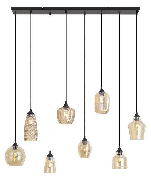 Lampa suspendată Art Deco neagră cu sticlă ambră cu 8 lumini - Hanne