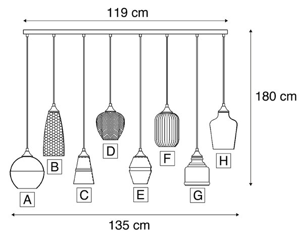 Lampa suspendată Art Deco neagră cu sticlă ambră cu 8 lumini - Hanne