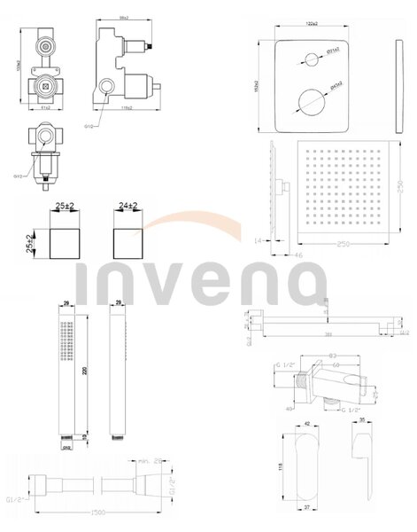 Invena Siros, set de duș ascuns cu corp cu 2 ieșiri, negru mat, INV-BS-90-010-A