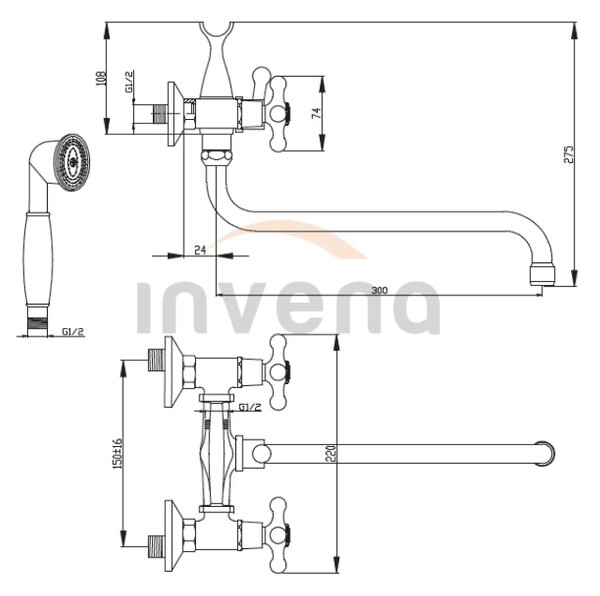 Invena Roma, baterie cadă cu duș prelungit 300 mm și set de duș manual, crom, INV-BW-24-00S-L