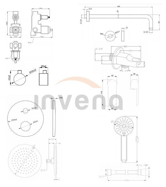 Invena Siros, set de duș ascuns cu corp cu 2 ieșiri, negru mat, INV-BS-90-013-A