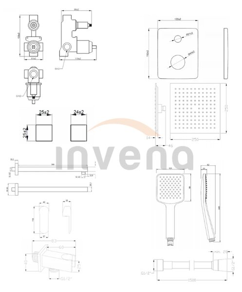 Invena Siros, set de duș ascuns cu cap de duș cu efect de ploaie 25x25 cm și cap manual, negru mat, INV-BS-90-011-A