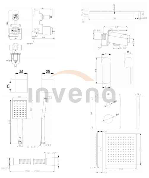 Invena Siros, set de duș ascuns cu cap de duș cu efect de ploaie 25x25 cm și cap manual, crom, INV-BS-90-0K2-A