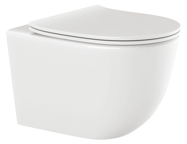 Invena Tinos, vas WC suspendat Rimless 495x365x360 mm + scaun toaleta SLIM cu inchidere lenta, alb lucios, INV-CE-91-001-W