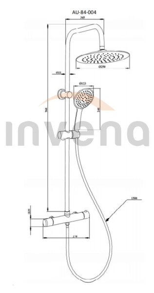 Invena Trend, baterie termostatică pentru duș Trend cu duș cu efect de ploaie Musta 25cm, negru mat, INV-AU-84-004-X