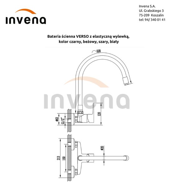 Invena Verso, baterie de bucătărie montată pe perete 150 mm cu braț elastic, negru mat-auriu lucios, INV-BC-82-E49-L