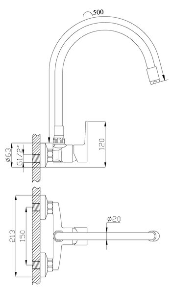 Invena Verso, baterie de bucătărie montată pe perete 150 mm cu braț elastic, negru mat, INV-BC-82-E44-L