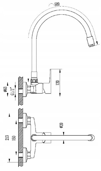 Invena Verso, baterie de bucătărie montată pe perete 150 mm cu braț elastic, gri-crom, INV-BC-82-E5S-L