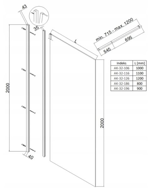 Invena Walk-In, paravan de dus 80X200cm, sticla transparenta 8mm, profil cromat, INV-AK-32-186-O