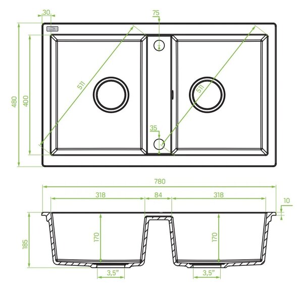 Laveo Barbados, chiuvetă din granit cu 2 camere 780x480x185 mm, gri, LAV-SBB_520T