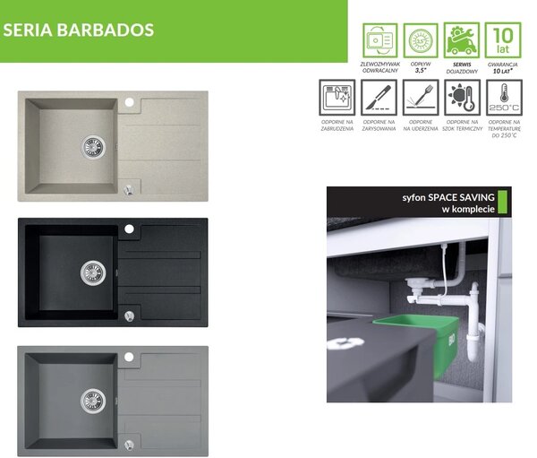 Laveo Barbados, chiuvetă din granit cu 1 cameră 760x440x194 mm, negru patat, LAV-SBB_711T