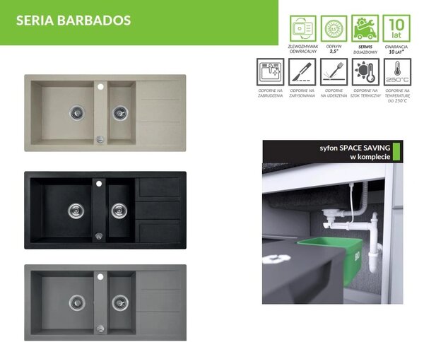 Laveo Barbados, chiuvetă din granit cu 1,5 camere 1000x480x185 mm, negru cu pete, LAV-SBB_731T