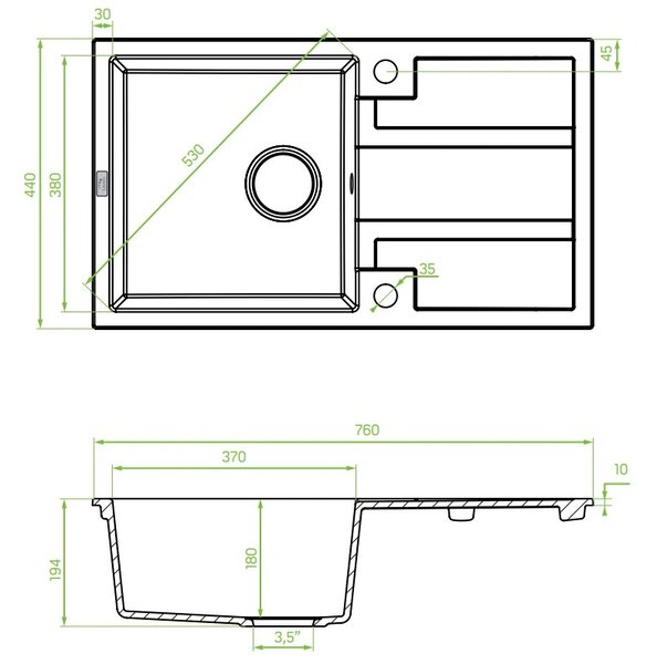 Laveo Barbados, chiuvetă din granit cu 1 cameră 760x440x194 mm, negru patat, LAV-SBB_711T