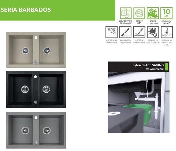Laveo Barbados, chiuvetă din granit cu 2 camere 780x480x185 mm, gri, LAV-SBB_520T