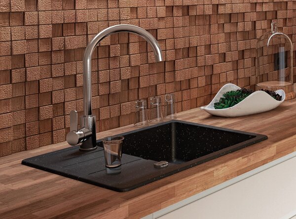 Laveo Stella, chiuvetă din granit cu 1 cameră 580x440x163 mm cu scurgere scurtă, negru, LAV-SBY_713T