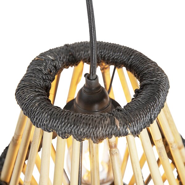 Lampă suspendată orientală din bambus cu formă rotundă neagră cu 3 lumini - Evalin