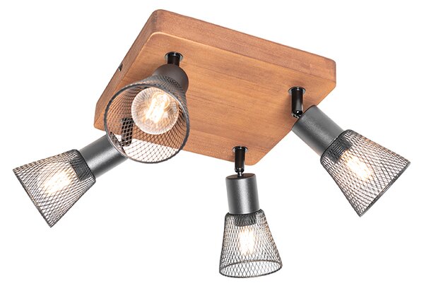 Spotlight industrial negru cu lemn 4 lumini - Kristina