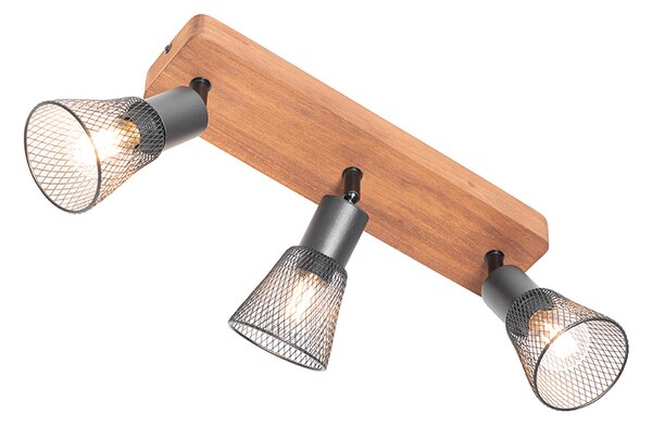 Spotlight industrial negru cu lemn 3 lumini - Kristina