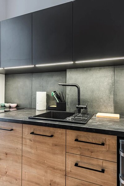 Laveo Stella, chiuvetă din granit cu 1 cameră 580x440x163 mm cu scurgere scurtă, negru, LAV-SBY_713T