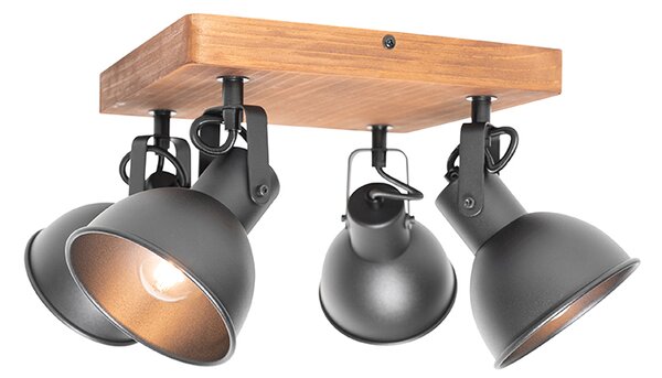 Proiector industrial negru cu lemn inclinabil cu 4 lumini - Tommy
