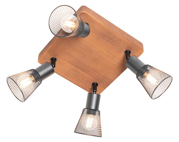 Spotlight industrial negru cu lemn 4 lumini - Kristina