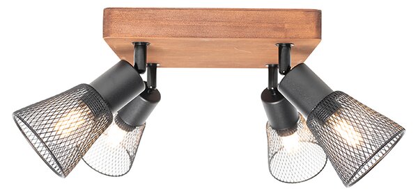 Spotlight industrial negru cu lemn 4 lumini - Kristina