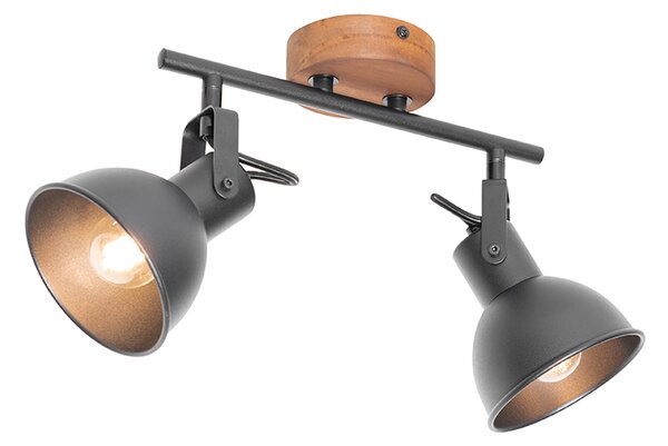 Spotlight industrial negru cu lemn inclinabil 2 lumini - Tommy