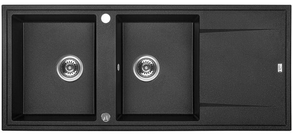 Laveo Megalo, chiuvetă din granit cu 2 camere 1160x500x185 mm cu scurgere lungă, negru, LAV-SBE_721T