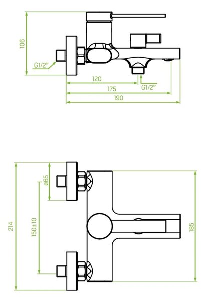 Laveo Pinar, baterie pentru cada montată pe perete fără set de duș 150 mm, negru mat, LAV-BAW_710D