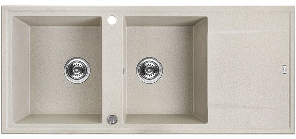 Laveo Megalo, chiuvetă din granit cu 2 camere 1160x500x185 mm cu scurgere lungă, bej, LAV-SBE_421T