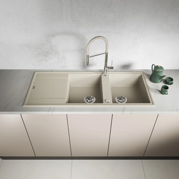 Laveo Megalo, chiuvetă din granit cu 2 camere 1160x500x185 mm cu scurgere lungă, bej, LAV-SBE_421T