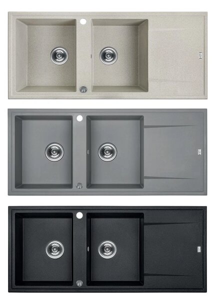 Laveo Megalo, chiuvetă din granit cu 2 camere 1160x500x185 mm cu scurgere lungă, gri, LAV-SBE_521T