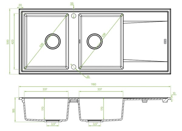 Laveo Megalo, chiuvetă din granit cu 2 camere 1160x500x185 mm cu scurgere lungă, gri, LAV-SBE_521T