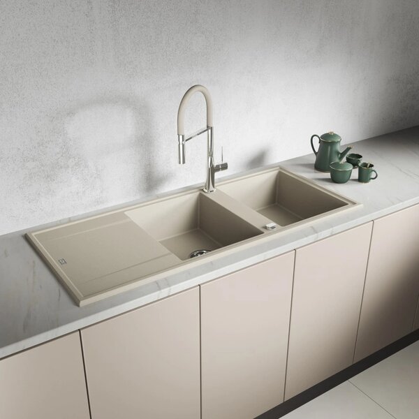 Laveo Megalo, chiuvetă din granit cu 2 camere 1160x500x185 mm cu scurgere lungă, bej, LAV-SBE_421T