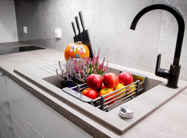 Laveo Pionier, chiuvetă din granit cu 1 cameră 780x500x207 cu scurgere scurtă, gri, LAV-SBR_513T