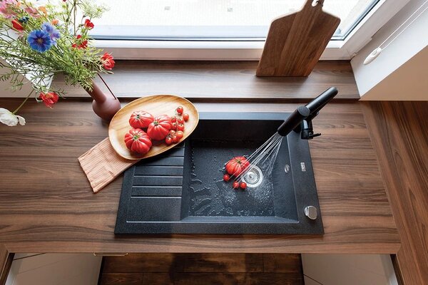 Laveo Pionier, chiuvetă din granit cu 1 cameră 780x500x207 cu scurgere scurtă, negru, LAV-SBR_713T