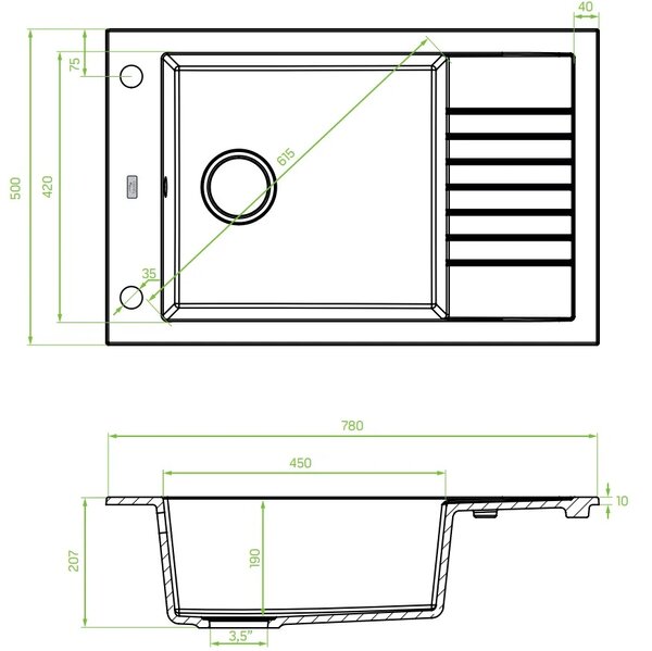 Laveo Pionier, chiuvetă din granit cu 1 cameră 780x500x207 cu scurgere scurtă, gri, LAV-SBR_513T