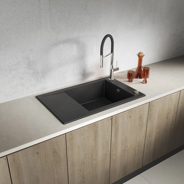 Laveo Pionier, chiuvetă din granit cu 1 cameră 780x500x207 cu scurgere scurtă, negru, LAV-SBR_713T