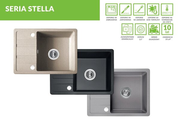 Laveo Stella, chiuvetă din granit cu 1 cameră 580x440x163 mm cu scurgere scurtă, gri, LAV-SBY_513T
