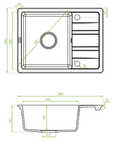 Laveo Stella, chiuvetă din granit cu 1 cameră 580x440x163 mm cu scurgere scurtă, gri, LAV-SBY_513T