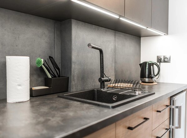 Laveo Stella, chiuvetă din granit cu 1 cameră 580x440x163 mm cu scurgere scurtă, negru, LAV-SBY_713T