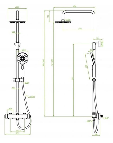 Laveo Volumo, set de dus cu robinet termostatic 150 mm, negru mat, LAV-PLV_70OB