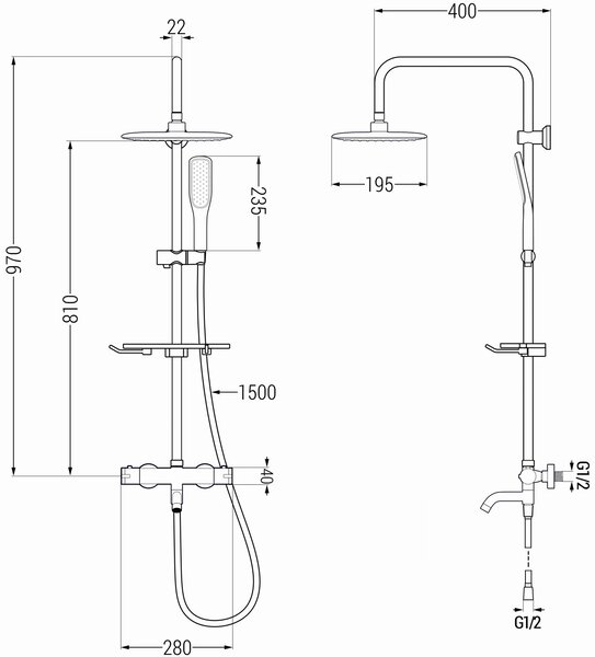 Mexen - Set de duș KT49 cu robinet termostatic pentru baie Kai, alb-auriu, 779004993-25