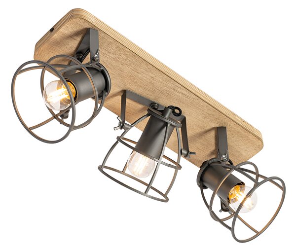 Spotlight industrial gri închis cu lemn reglabil 3 lumini - Arthur